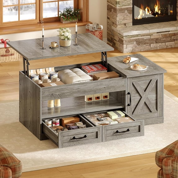 39.4" Farmhouse Lift Top Coffee Table with 2 Drawer Storage & Cabinet, Hidden Compartment Pop-Up Tabletop for Living Room, Small Space, Grey