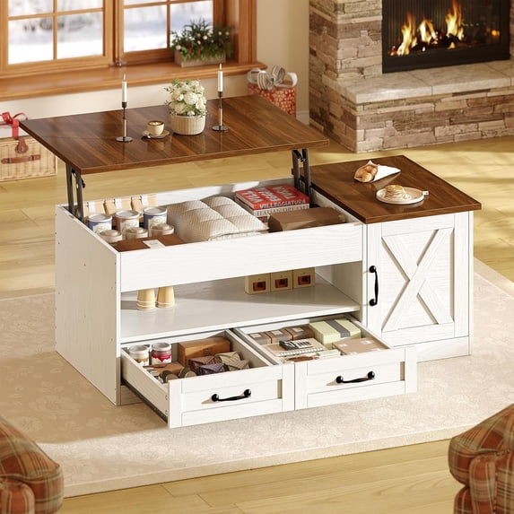 39.4" Farmhouse Lift Top Coffee Table with 2 Drawer Storage & Cabinet, Hidden Compartment Pop-Up Tabletop for Living Room, Small Space, White+Walnut