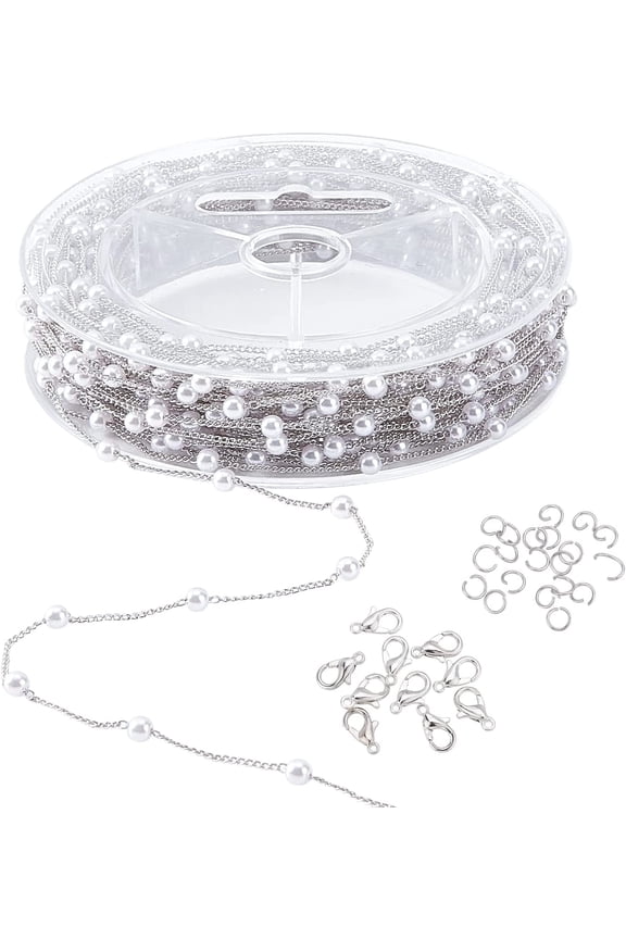 39.4 Feet Silver Imitation Pearl Chains Link Beading Chain Roll Copper Necklace Chain Bulk with Spool for DIY Craft DIY Bracelet Necklace Jewelry Making