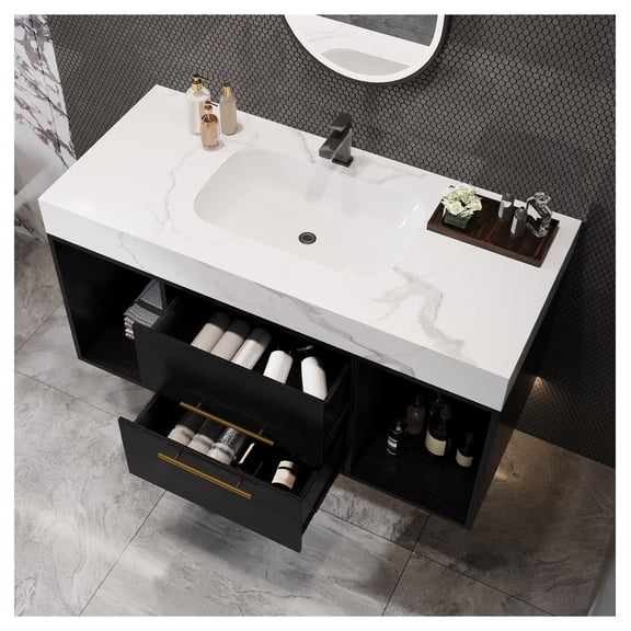 39.4" Floating Bathroom Vanity with Sink, White & Black Wall-Mounted Cabinet, 2 Drawers & Storage Spaces, Modern Luxury Bathroom Storage