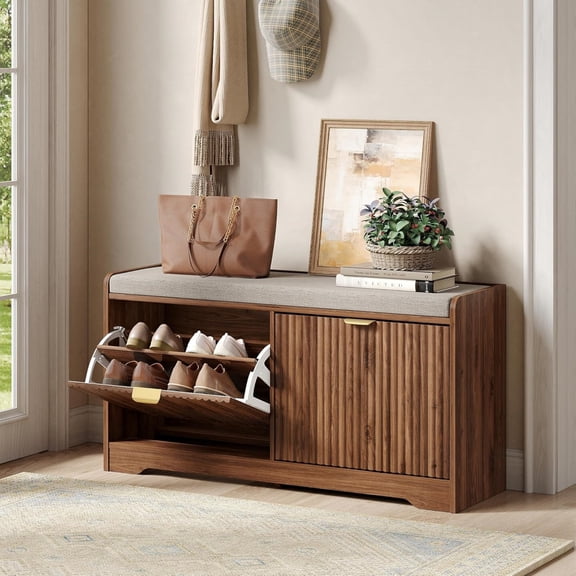 39.4" Fluted Shoe Bench with Storage, Narrow Entryway Bench with Removable Seat Cushion & 2 Flip-Drawers, Shoe Cabinet Bench, Boho Hidden Shoe Rack for Entrance, Hallway, Living Room (Walnut)