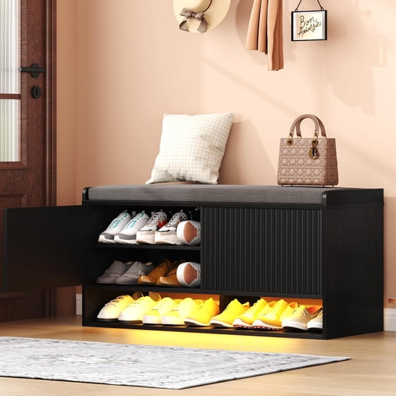 39.4" Fluted Shoe Storage Bench, Entryway Bench with Linen Seat Cushion, Shoe Cabinet Bench with Adjustable Shelf and Built-in LED Sensor Light, Bench for Bedroom End of Bed,Black
