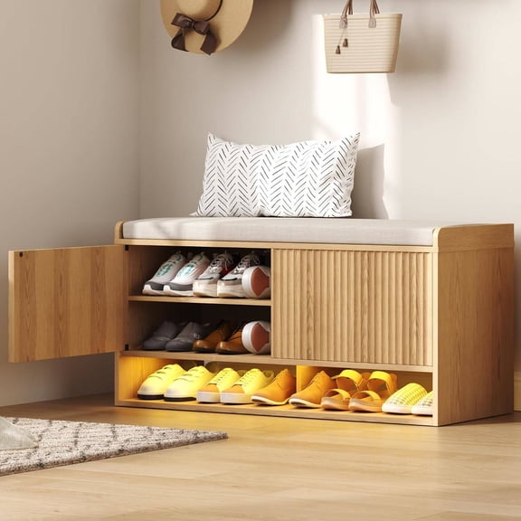39.4" Fluted Shoe Storage Bench with Linen Seat Cushion, Adjustable Shelf & Built-in Sensor Light, Natural Oak