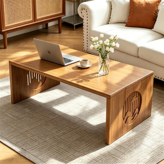 39.4" Foldable Japanese Floor Table, Low Bamboo Coffee Table for Floor Sitting, No Assembly, Portable Laptop Desk for Living Room, Meditation, Tea Room – Natural