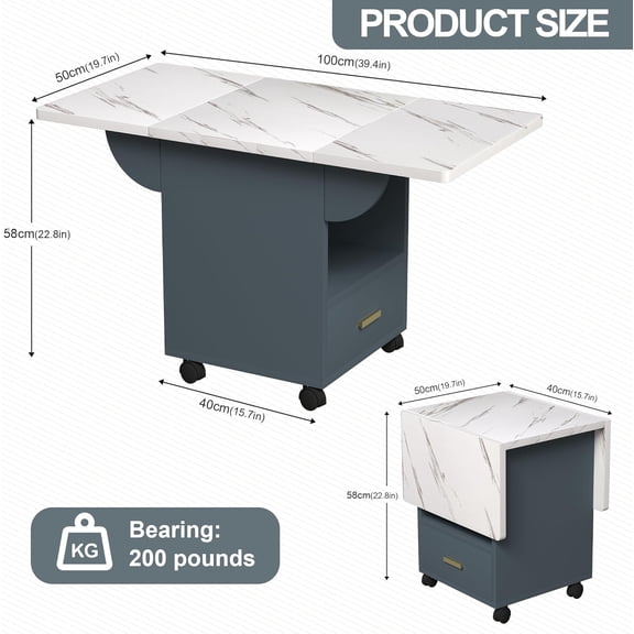 39.4" Folding Dining Table with Wheels & Storage, Extendable Wood Multi-Functional Table with Drawer and Storage Rack, Mobile Kitchen Cart, Space-Saving End Table for Small Spaces