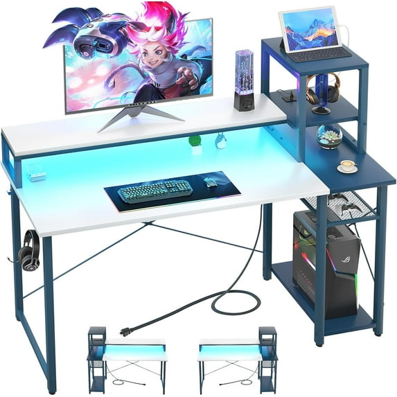 39.4'' Gaming Desk with LED and Storage Shelves, 39 Computer Desk with Long Monitor Stand, Small Desk for Small Space, Simple Study Student Writing Desk, Laptop Table for Home Office, White