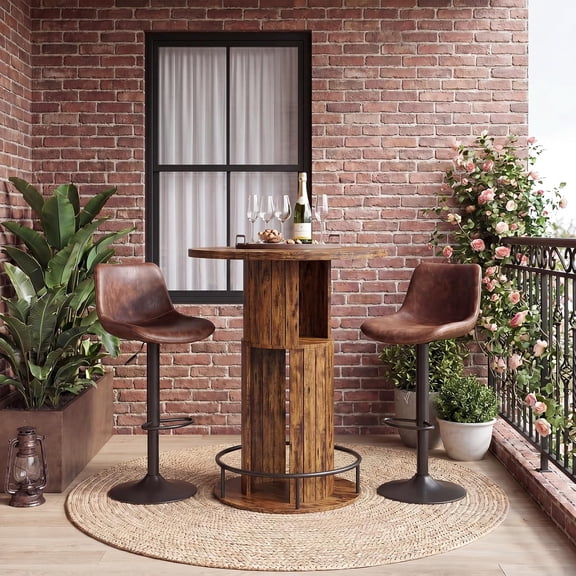 39.4'' H Round Bar Table, Industrial High Top Wood Bistro Pub Table, Brown | Cocktail Table with Metal Footrest, Rustic Bistro Counter with Wood Top, Whisky Barrel Table for Kitchen, Home Bar