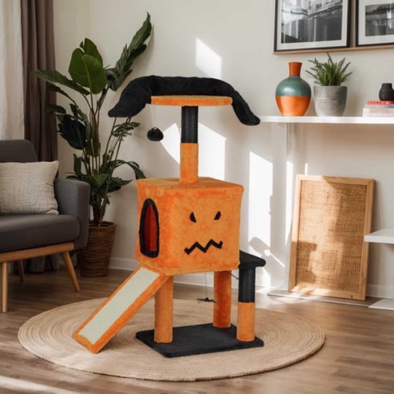 39.4" Halloween Cat Tree, Cat Tower Cat Tree for Indoor Cats with Spacious Cat Condo, Sisal Scratching Posts, Hanging Toys, Orange & Black
