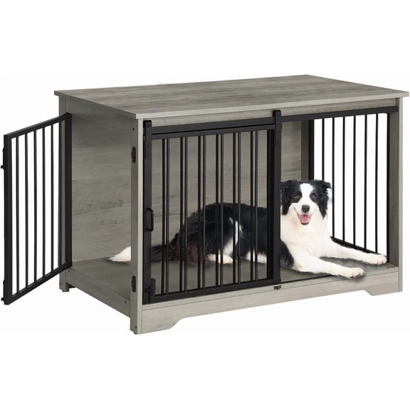 39.4" Heavy Duty Dog Crate Furniture with Barn Door, Wood Indoor Dog Crate Kennel for Small/Medium/Large Dogs, End Side Table, TV Stand, Greige Black