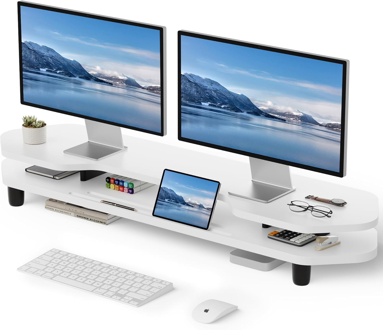 39.4 Inch Dual Monitor Stand with Storage Shelf, 2-Tier Wooden Desk Organizer Riser for Computer, Laptop, Printer and Phone/Tablet