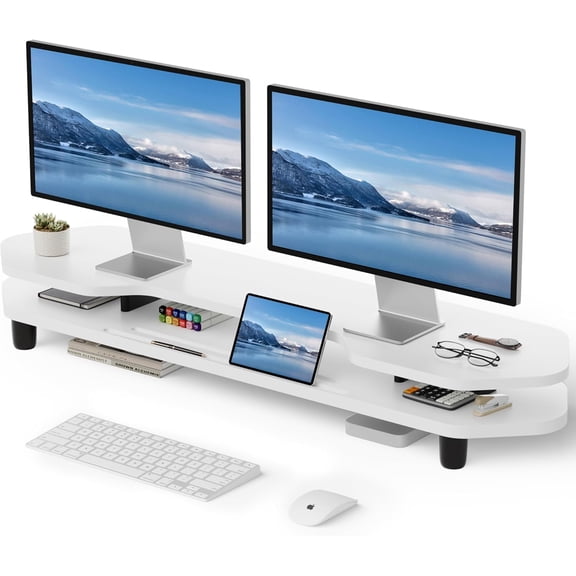 39.4 Inch Dual Monitor Stand with Storage Shelf, 2-Tier Wooden Desk Organizer Riser for Computer, Laptop, Printer and Phone/Tablet