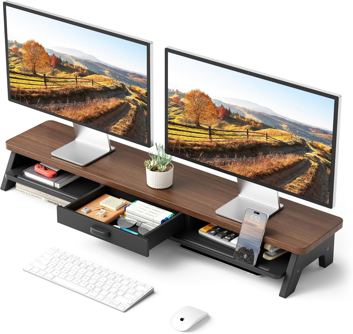 39.4 Inch Dual Monitor Stand with Storage Shelf, 2-Tier Wooden Desk Organizer Riser for Computer, Laptop, Printer and Phone/Tablet
