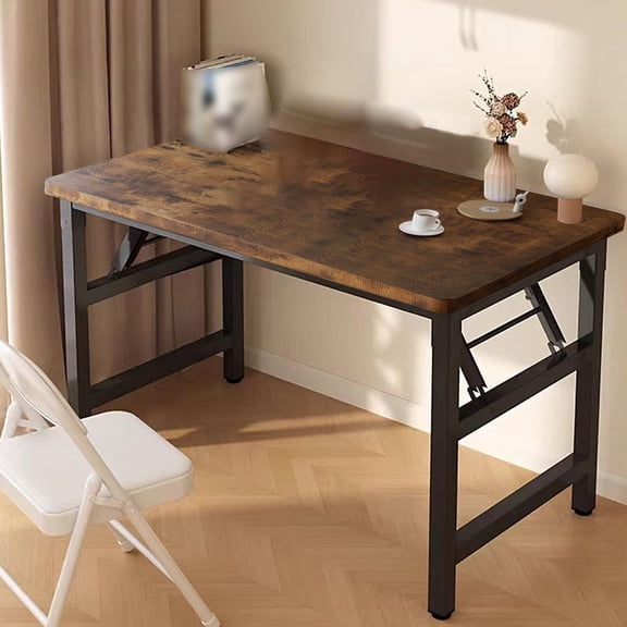 39.4 Inch Folding Table, Square Foldable Desk for Small Space No Assembly, Portable Computer Table for Home Office Bedroom Living Room, Brown