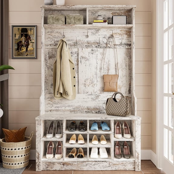39.4 Inch Hall Tree with Bench and Shoe Storage, 3-in-1 Entryway Bench with Coat Rack, Hall Tree with Adjustable Shoe Storage and Hanging Hooks, Vintage White