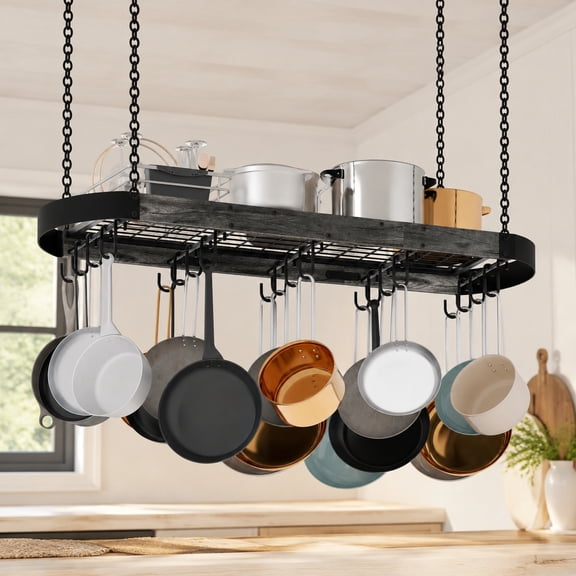 39.4-Inch Hanging Pot Rack, Space-Saving Ceiling Pan Hanger with 16 Detachable S Hooks, Sturdy Industrial Metal Frame, Charcoal Black