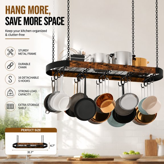 39.4-Inch Hanging Pot Rack, Space-Saving Kitchen Ceiling Pan Rack with 16 Detachable S Hooks, Sturdy Industrial Metal Frame, Rustic Brown and Black