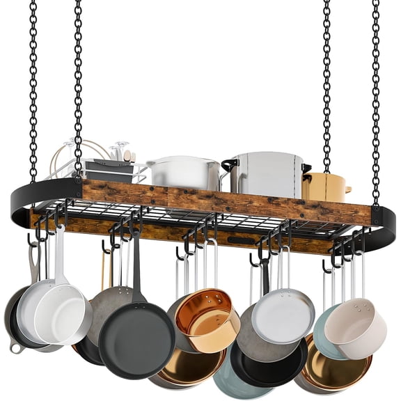 39.4-Inch Hanging Pot Rack, Space-Saving Pot Hanger for Kitchen, Ceiling Pan Hanging Rack with 16 Detachable S Hooks, Sturdy Metal Frame, Industrial Style, Rustic Brown and Black