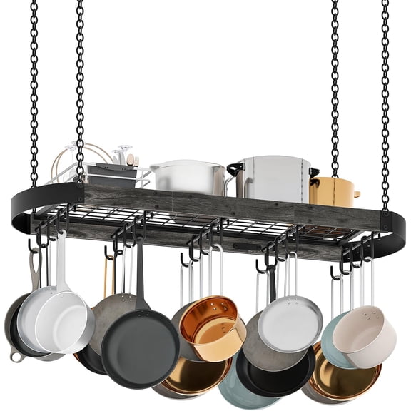 39.4-Inch Hanging Pot Rack with 16 Detachable S Hooks, Space-Saving Ceiling Pan Hanger, Sturdy Metal, Industrial Style, Charcoal Black and Black