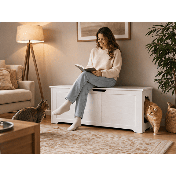 39.4 Inch Hidden Cat Litter Box Enclosure Furniture with Top Hinged Lid, Multi-Purpose MDF Cat Washroom Cabinet, Dog Proof Cat Litter Hideaway Side Table with Heart Cutout Entrance for Large Cats