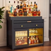 39.4-Inch Home Bar Cabinet with 3-Tier LED-Lit Liquor Display, Black