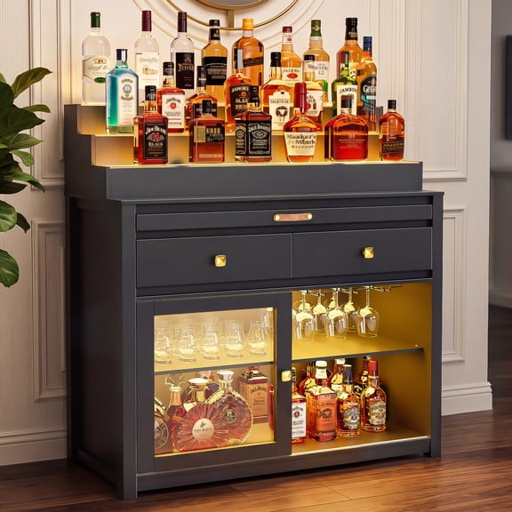 39.4-Inch Home Bar Cabinet with 3-Tier LED-Lit Liquor Display, Black