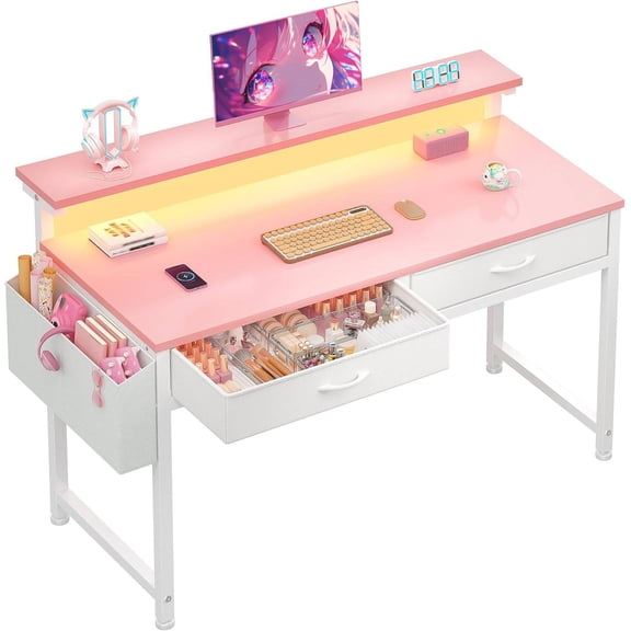 39.4-Inch Office Computer Desk with LED Lights, 2 Fabric Drawers, Side Pocket & Detachable Monitor Stand, Anti-Tip Design