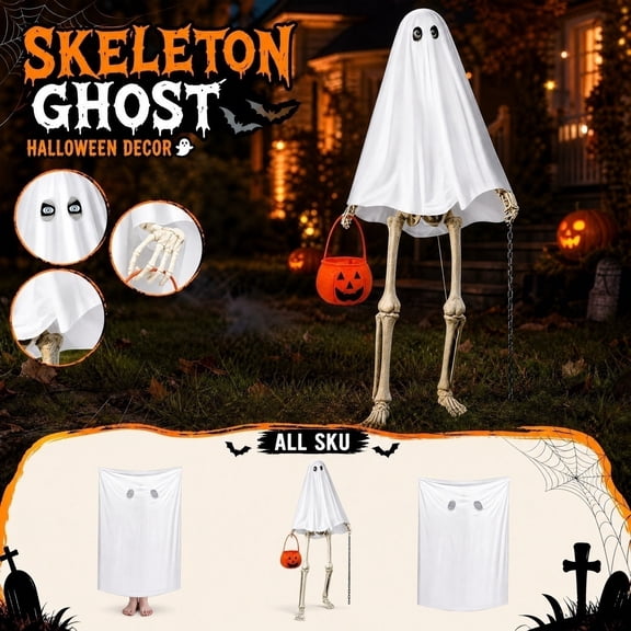 39.4 Inch Standing Ghost Skeleton Yard Decor, White Cloth Ghost Cover Skeleton Prop with Pumpkin Trick or Treat Bucket Chain, Foldable Outdoor Halloween Garden Porch Lawn Holiday Ornament