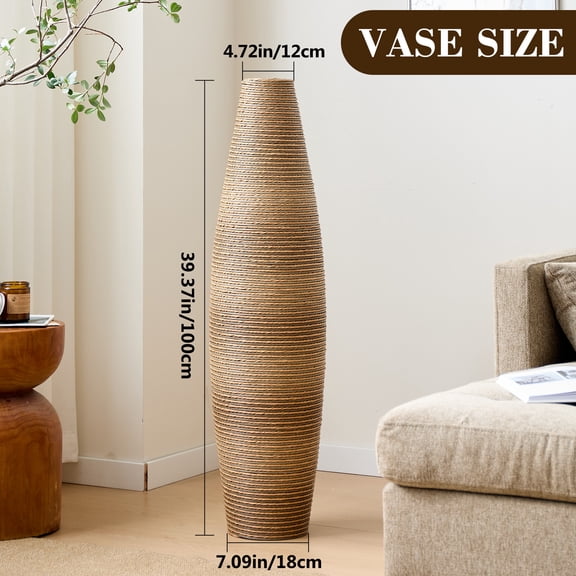 39.4 Inch Tall Floor Vase, Handcrafted PVC, Natural Rattan-Like Textured Beige, Large Decorative Vase for Entryway, Living Room, Boho Decor