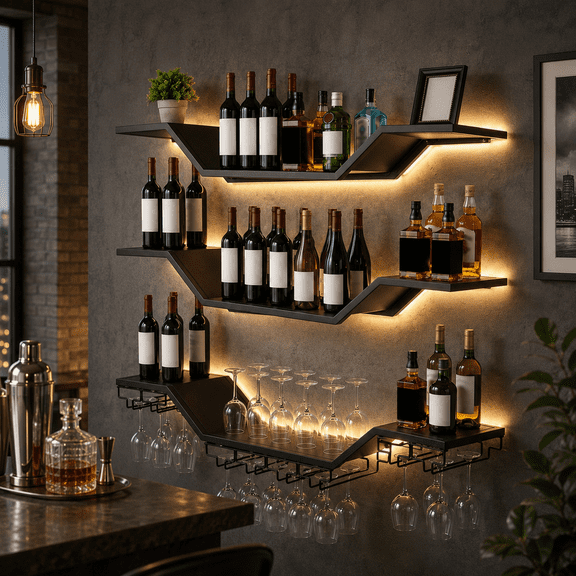 39.4 Inch Wall Mounted Wine Rack, 3-Tier Metal Floating Wine Shelves with LED Light and Glass Holder for Liquor Bottle Display, Ideal for Kitchen, Home Bar, and Dining Room