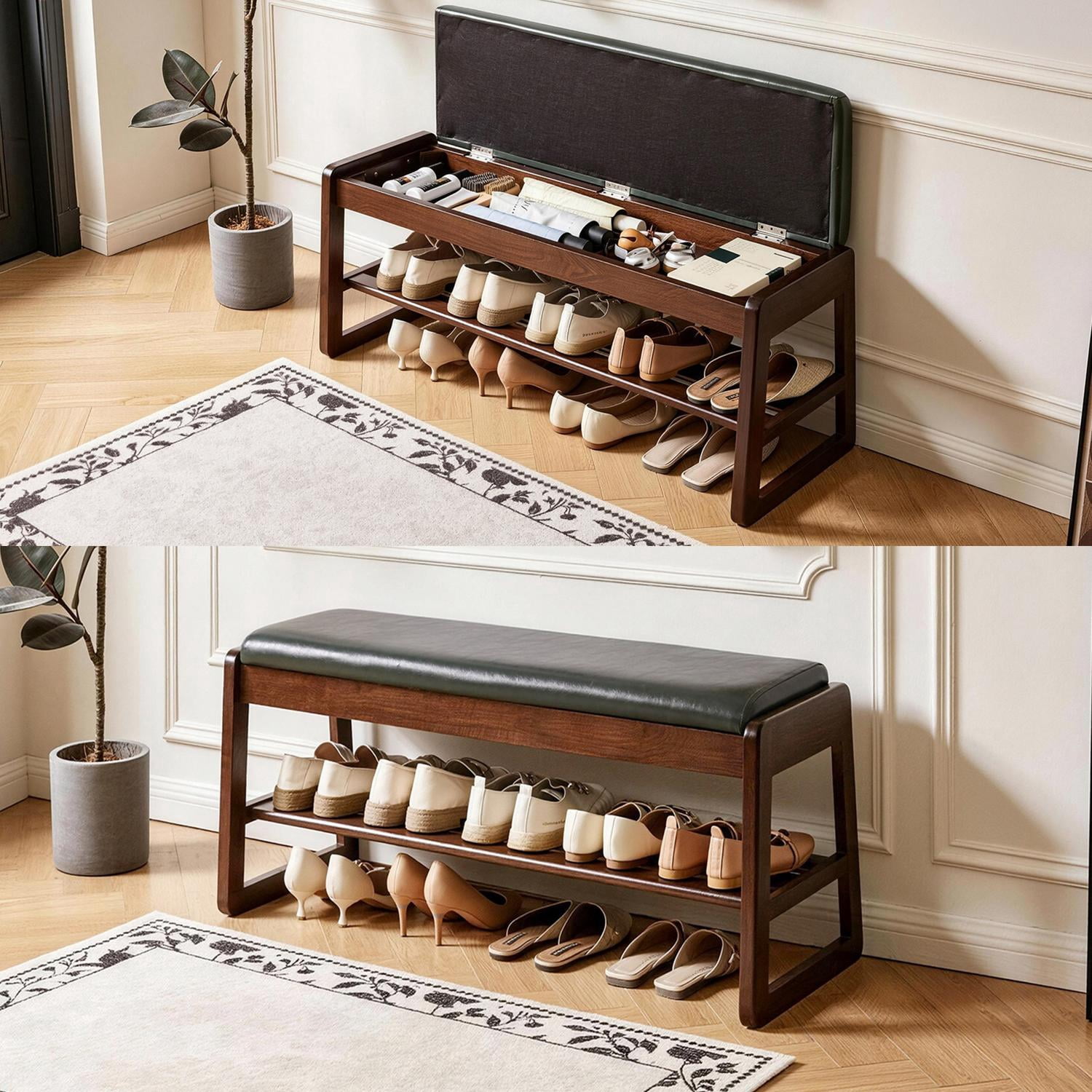 39.4-Inch Wood Shoe Storage Bench with Green Vegan Leather Seat and Lift-Top Hidden Storage, Tiered Shoe Rack and Entryway Organizer for Bedroom, Green