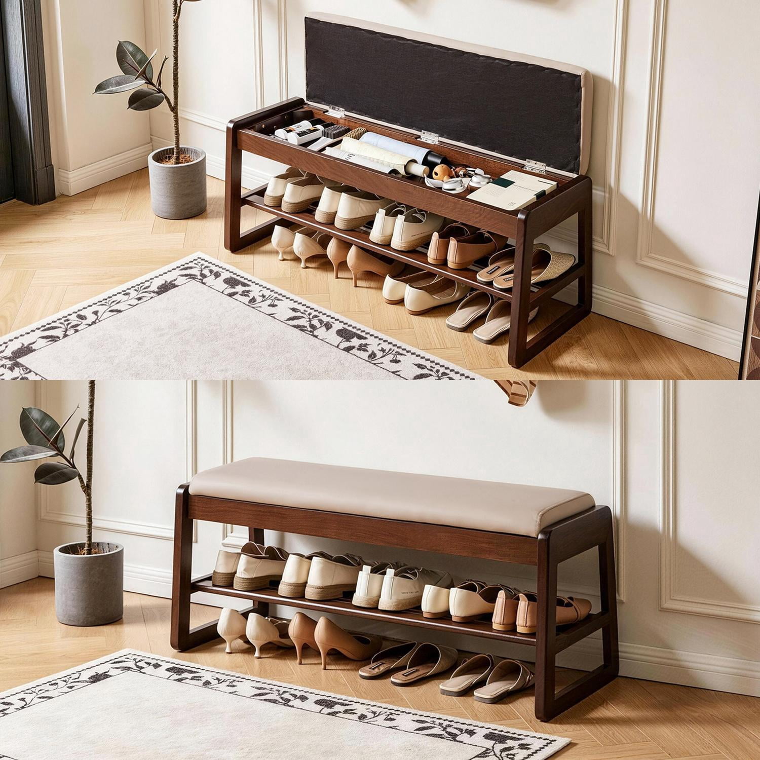 39.4-Inch Wood Shoe Storage Bench with Off-White Vegan Leather Seat and Lift-Top Hidden Storage, Tiered Shoe Rack and Entryway Organizer for Bedroom, Off White