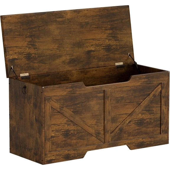 39.4 Inches Storage Bench, Retro Wooden Storage Benches with Safety Hinge, Entryway Storage Bench Supports 300 lb, Toy Chest Organizer, Easy Assembly for Entryway, Living Room, Brown