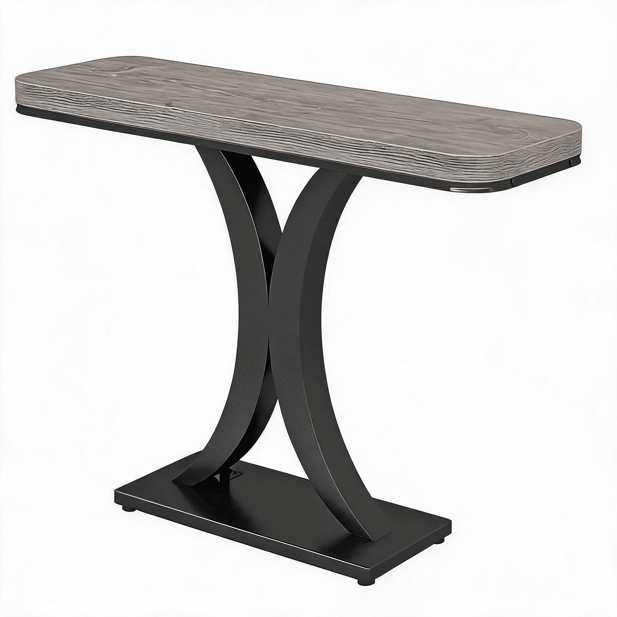39.4" Industrial Console Table - Rustic Brown Wood Grain with Curved Edge, Heavy-Duty Geometric Base - Narrow Entryway Table for Living Room, Hallway & Foyer