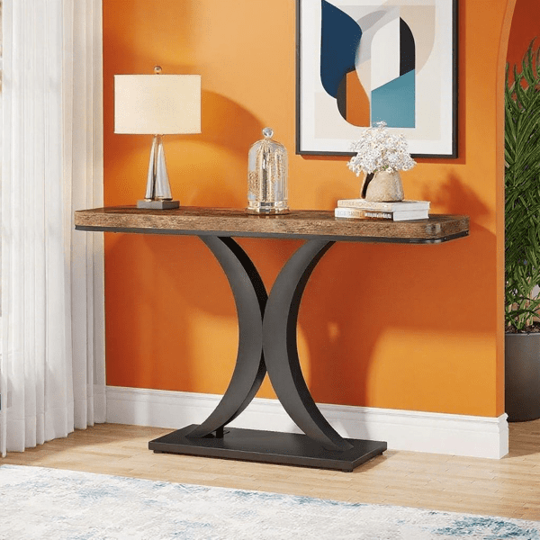 39.4" Industrial Console Table - Rustic Brown Wood Grain with Curved Edge, Heavy-Duty Geometric Base, Narrow Entryway Table for Living Room, Hallway & Foyer