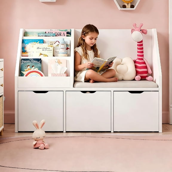 39.4'' Kids Bookshelf with Reading Nook, Toy Storage & Bench | 3 movable drawers for toys & books. Cushioned bench for reading. Sturdy wood. Rounded edges. Easy to clean. White