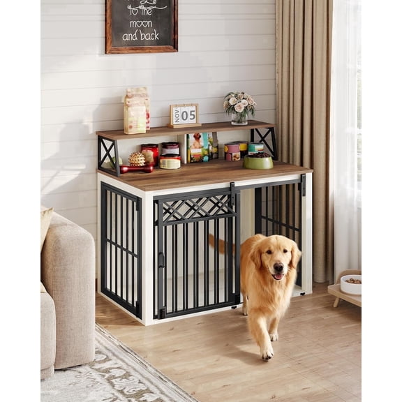39.4" Large wooden dog crate, Indoor Dog Kennel with Barn Door for Medium/Large Dogs, 3 Doors dog Crate Furniture with Storage, White Brown