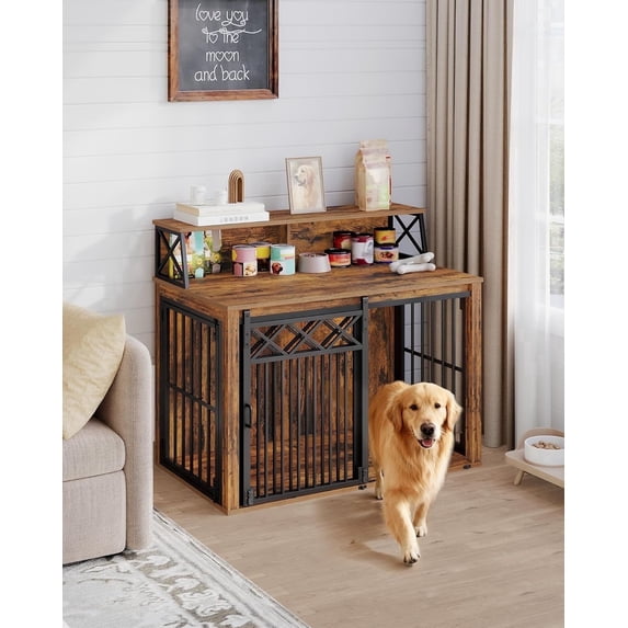 39.4" Large wooden dog crate, Indoor Dog Kennel with Barn Door for Medium/Large Dogs, 3 Doors dog Crate Furniture with Storage, Rustic Brown