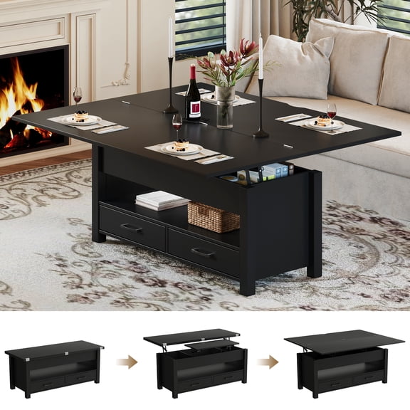 39.4" Lift-Top Coffee Table with 180° Swivel Top, Converts to Dining Table, 2 Drawers & Hidden Storage, Modern Industrial Center Table for Living Room