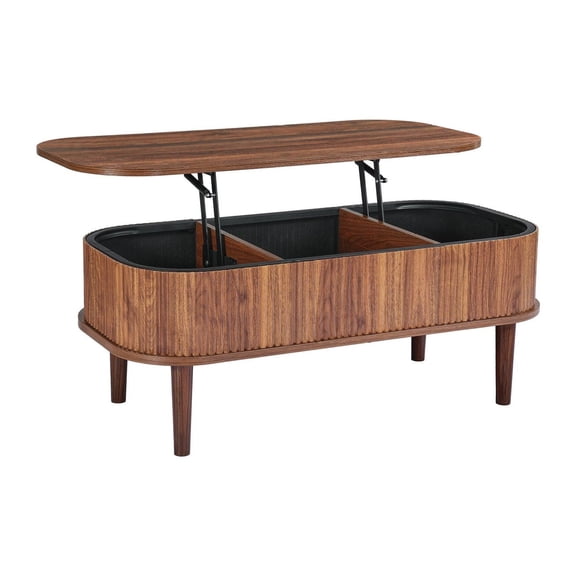 39.4 in Lift Top Coffee Table, Fluted Oval Coffee Table with 3 Hidden Compartment, Mid Century Wooden Oval Center Desk with Storage, Lift Up Tabletop for Home & Office, Easy Assembly, Walnut
