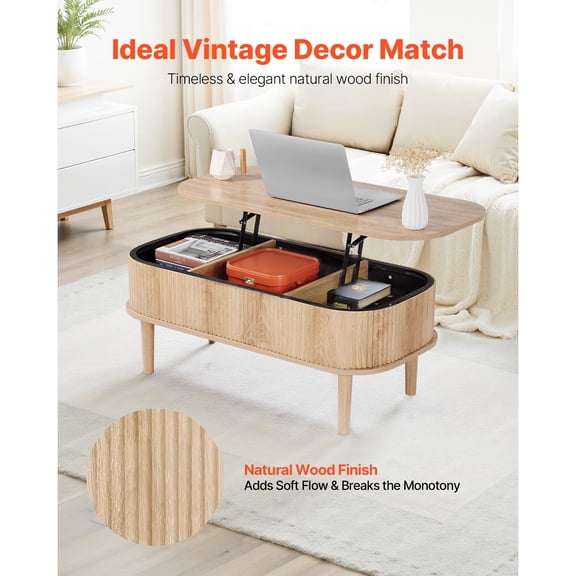 39.4 in Lift Top Coffee Table Fluted Oval Coffee Table with 3 Hidden Compartments Mid Century Wooden Oval Center Desk with Storage Lift Up Tabletop for Home and Office Easy Assembly Burlywood