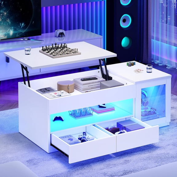 39.4" Lift Top Coffee Table with 2 Drawers and Glass Storage Cabinet, Modern Coffee Table for Living Room with LED Lights
