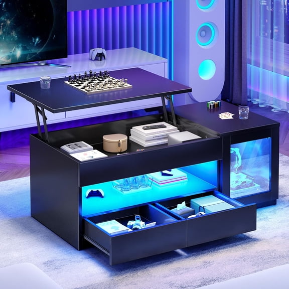 39.4" Lift Top Coffee Table with 2 Drawers and Glass Storage Cabinet, Modern Coffee Table for Living Room with LED Lights