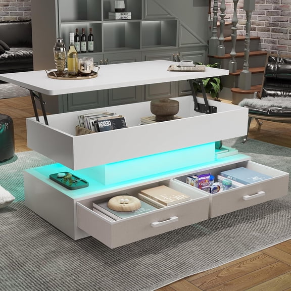 39.4" Lift Top Coffee Table with 2 Drawers and LED Light, Modern Small Coffee Table with Storage for Living Room