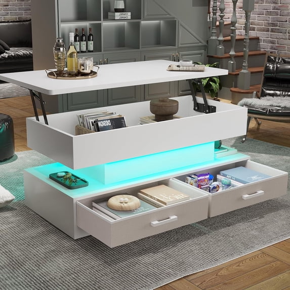 39.4" Lift Top Coffee Table with 2 Drawers and LED Light, Modern Small Coffee Table with Storage for Living Room