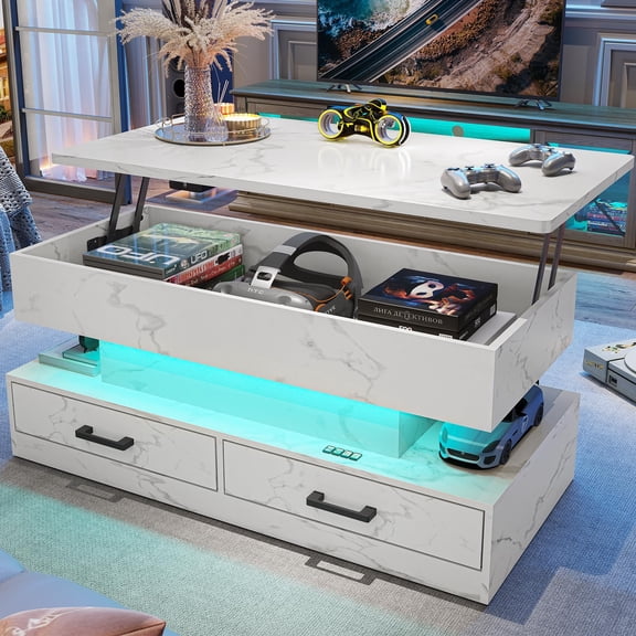 39.4" Lift Top Coffee Table with 2 Drawers and LED Light, Modern Small Coffee Table with Storage for Living Room