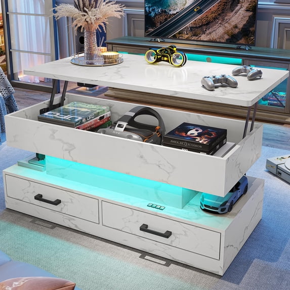39.4" Lift Top Coffee Table with 2 Drawers and LED Light, Modern Small Coffee Table with Storage for Living Room