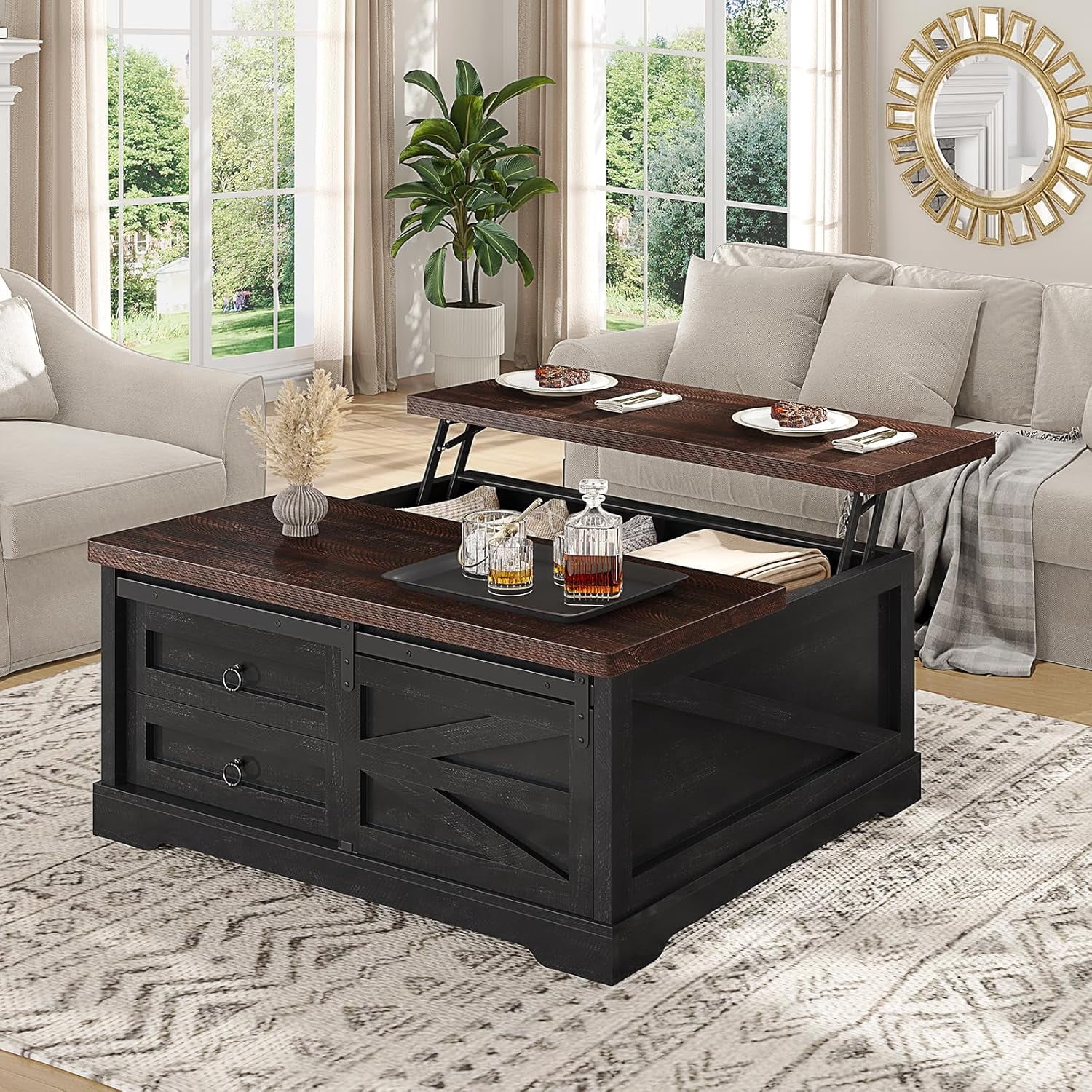 39.4'' Lift Top Coffee Table with 2 Storage Drawers and Large Hidden Compartment, Farmhouse Coffee Table for Living Room