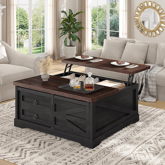 39.4'' Lift Top Coffee Table with 2 Storage Drawers and Large Hidden Compartment, Farmhouse Coffee Table for Living Room