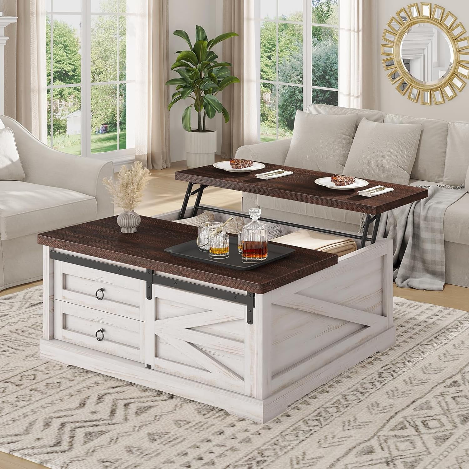 39.4'' Lift Top Coffee Table with 2 Storage Drawers and Large Hidden Compartment, Farmhouse Coffee Table for Living Room
