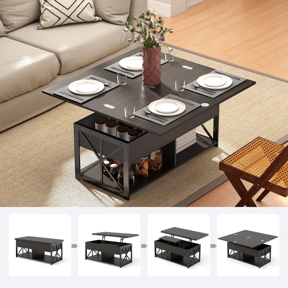 Manxile Lift Top Coffee Table with 2 Storage Compartments,Rustic Black Center Rising Cocktail Table for Living Room